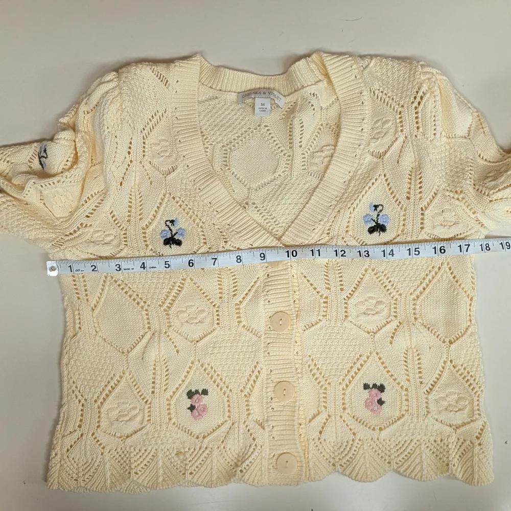 CHELSEA & VIOLET Pointelle Knit Floral Embroidered Button Front Cardigan Sweater - Picture 10 of 12